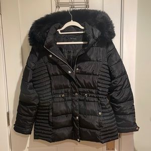 Tribal Black Fitted Puffer Coat with Fur Hood